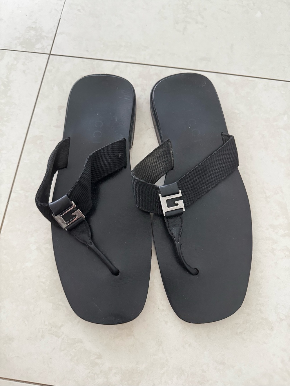 Gucci Black Leather & Fabric Logo Sandals